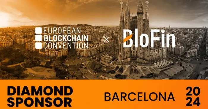 BloFin logo with European Blockchain Convention 2024 and Barcelona skyline