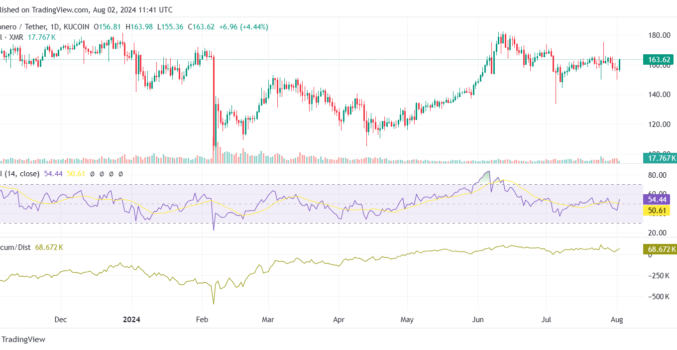 Privacy Coin Monero (XMR) Outperforms Market, Up 4%: $170 Soon?