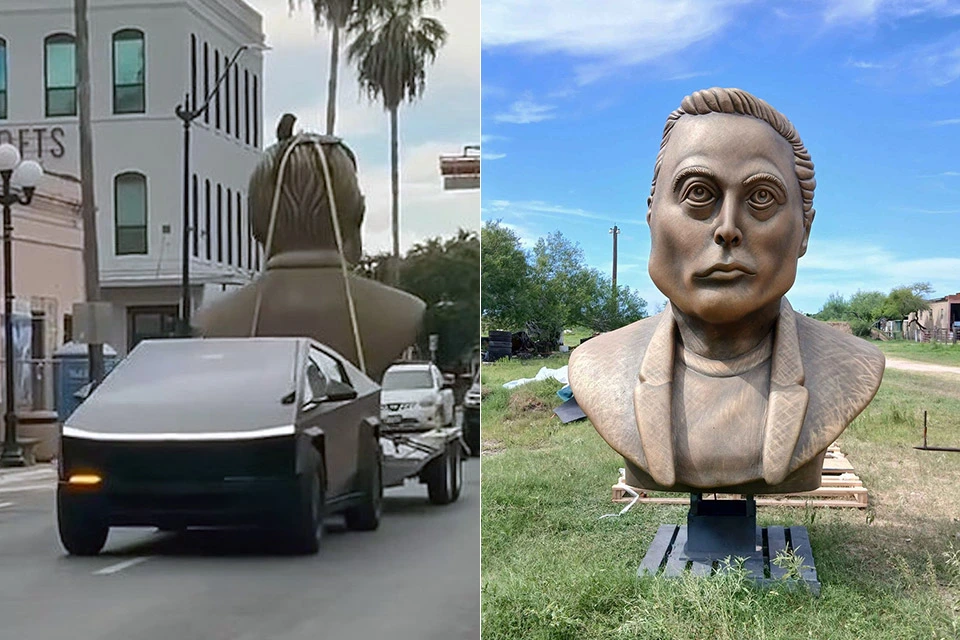 Tesla Cybertruck towing giant Elon Musk statue in Texas for NFT promotion.