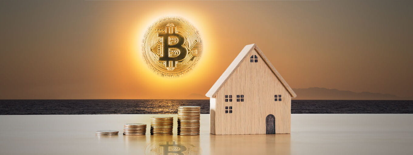 Crypto-backed mortgage concept using digital assets like Bitcoin and Ethereum as collateral.