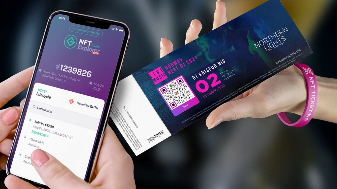 NFT ticketing concept with digital tickets on blockchain for concerts and events.