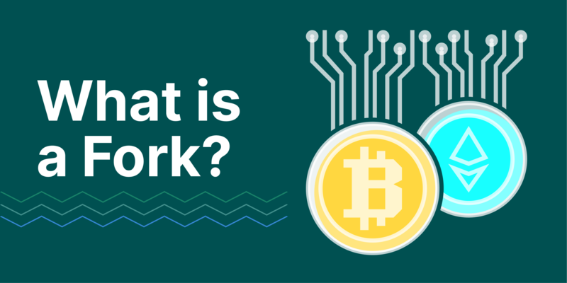 Crypto fork diagram showing blockchain split into two paths.