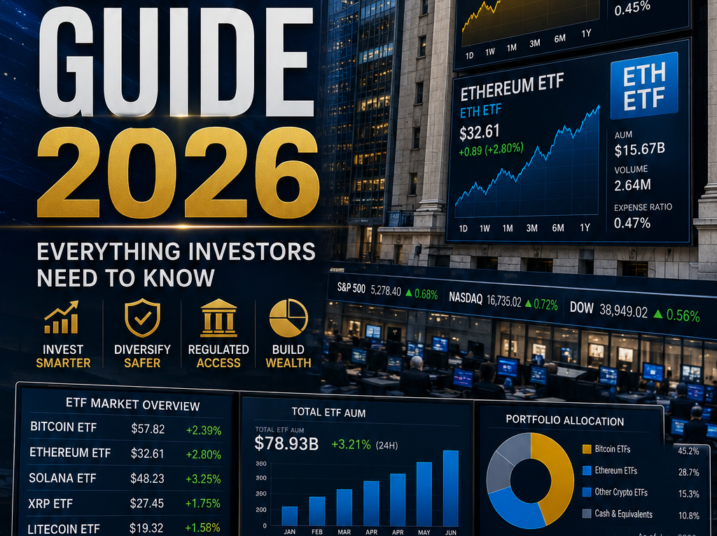 Crypto ETF Guide featuring Bitcoin ETFs, Ethereum ETFs, institutional investors, stock market trading screens, and digital asset investment funds