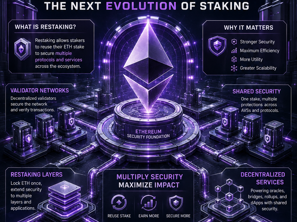 Ethereum Restaking ecosystem featuring EigenLayer, shared security infrastructure, Ethereum validators, and next-generation staking technology
