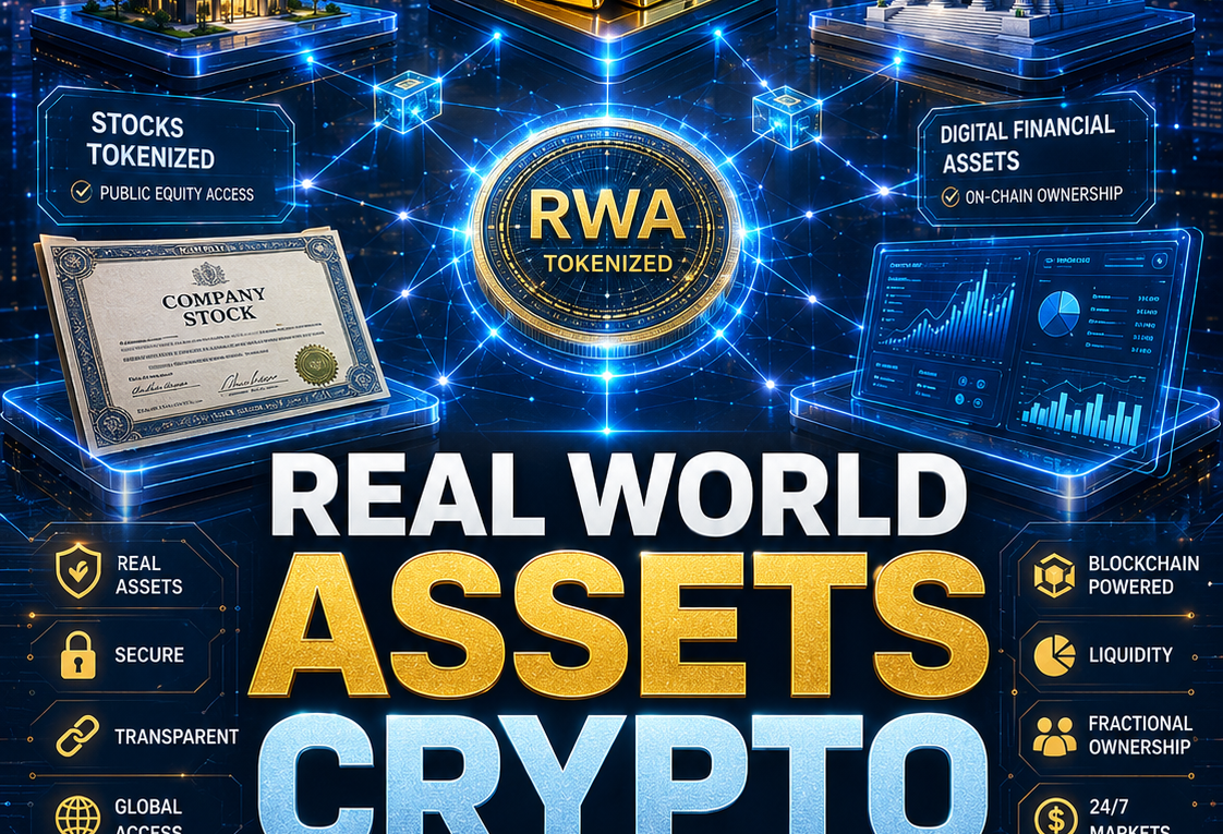 Real World Assets Crypto showing blockchain tokenization of real estate, bonds, gold, and traditional financial assets in 2026
