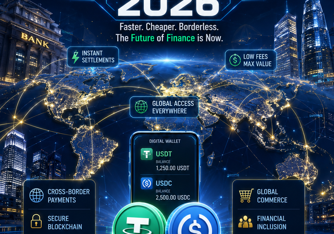 Stablecoins Global Payments featuring USDT, USDC, blockchain payment networks, cross-border transactions, and digital finance technology in 2026