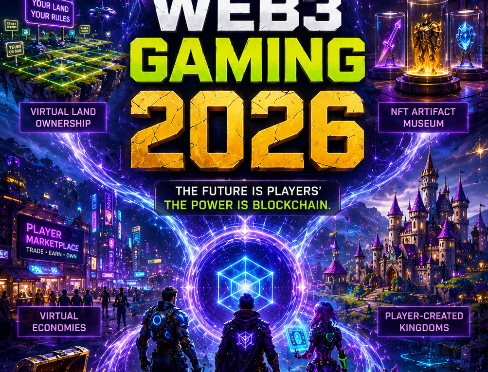 Web3 Gaming ecosystem featuring blockchain games, virtual worlds, NFT assets, metaverse experiences, and player-owned digital economies