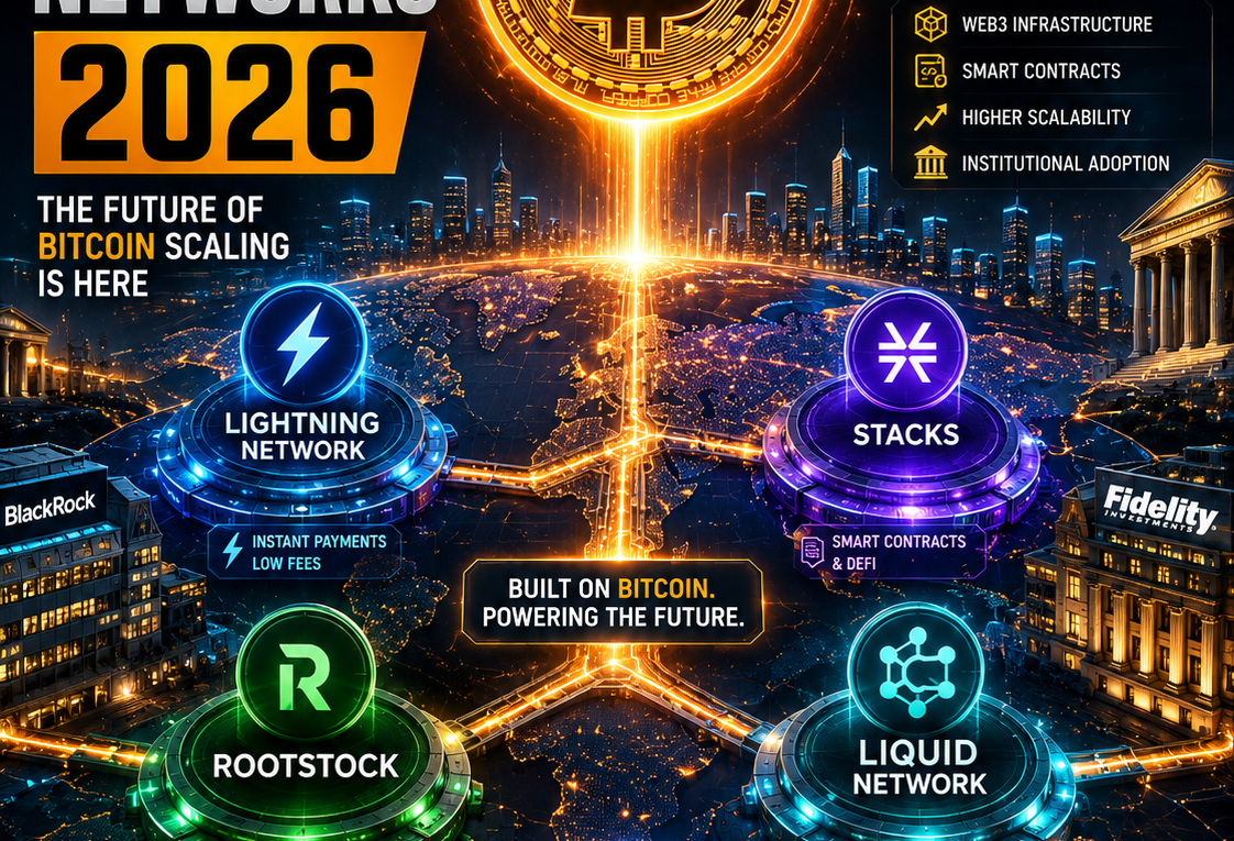 Bitcoin Layer 2 Networks ecosystem featuring Lightning Network, Stacks, Rootstock, and scalable blockchain infrastructure in 2026