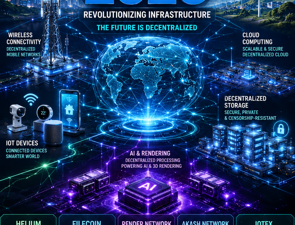 DePIN Crypto Projects featuring decentralized wireless networks, cloud computing, blockchain infrastructure, data storage, and Web3 technology in 2026